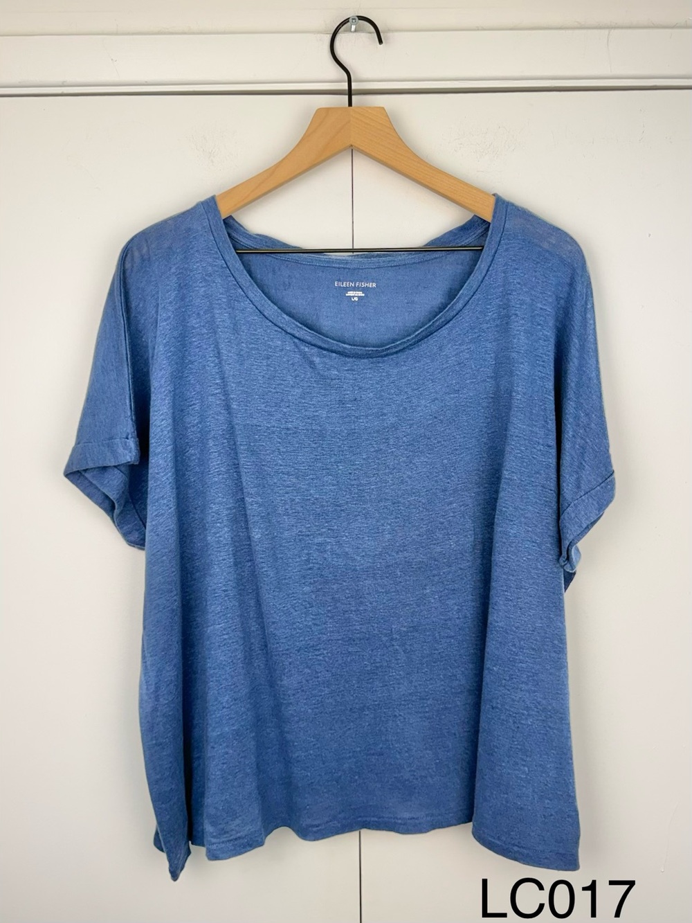 Eileen Fisher Organic Linen Blue Boxy Scoop Neck Top L